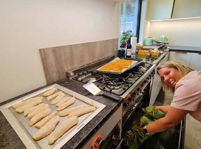 Kate cooking up a storm in the new kitchen